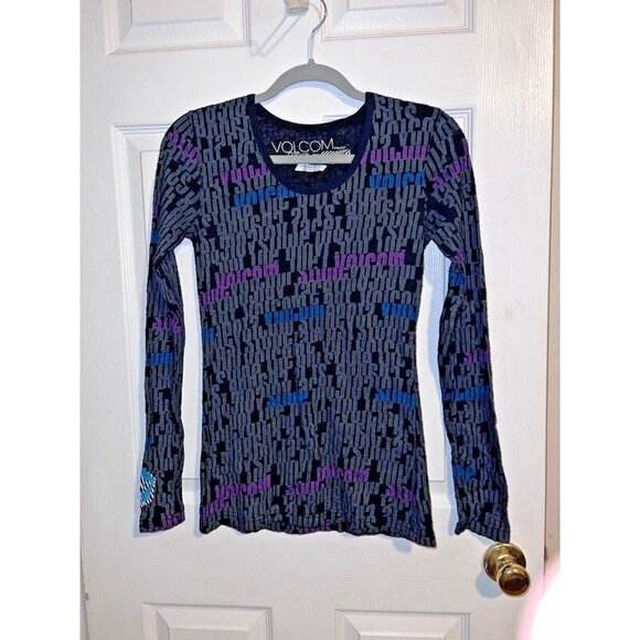 VOLCOM Womens Black Graphic Alphabet Long Sleeve Thermal Top Sz M - Picture 1 of 7